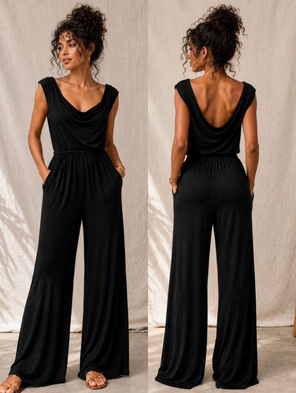 Free People FP Beach Effortless Wide Leg Black Jumpsuit Cowl Neck Boho Large